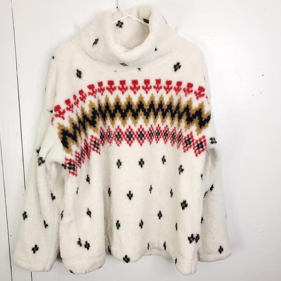 Loft Sweater Womens L Sherpa Soft Nordic Fair Isle Print Colorful Turtleneck - Picture 1 of 8